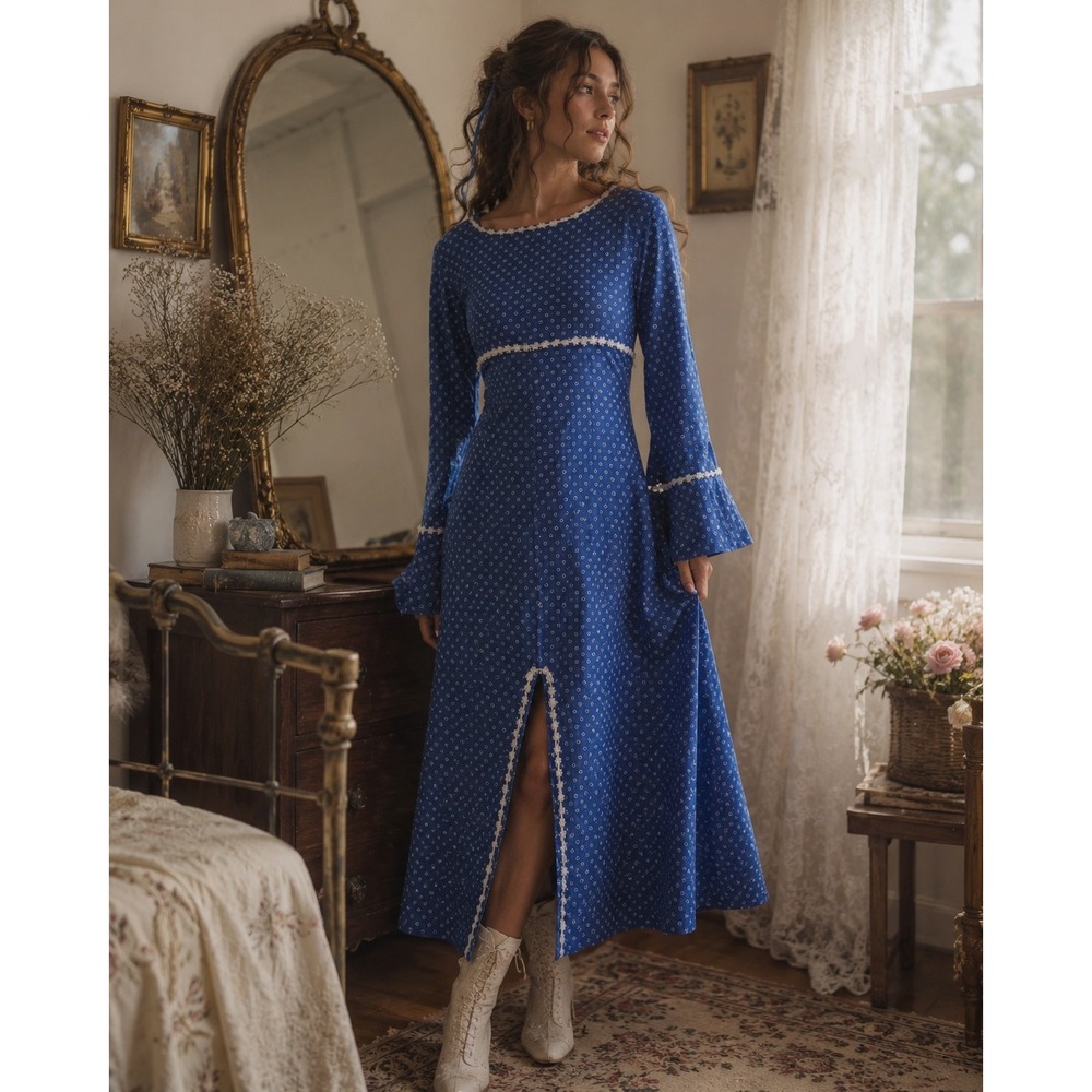 Prairiecore Maxi Dress M Blue Ditsy Floral Lace 70s Handmade Edwardian Cottage